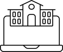 School Building With Laptop Icon In Black Stroke. vector