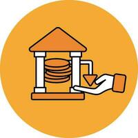 User Withdraw Money From Bank Circle Icon In Orange And White Color. vector