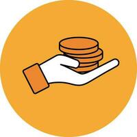 Money Coins On Hand Orange And White Icon On Circle Background. vector