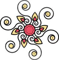 Curly Mandala Floral Icon In Yellow And Red Color. vector