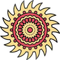 Saw Blade Mandala Floral Icon In Red And Yellow Color. vector