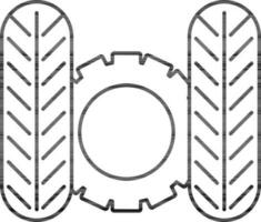 Tire With Cogwheel Icon In Black Line Art. vector