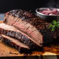 Thickly cut slice of smoked of juicy brisket photo