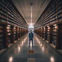 hombre en pie en el medio de biblioteca ai generado foto