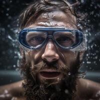 hombre cara submarino en impermeable lentes ai generado foto