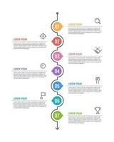 Infographics timeline 7 options or steps. Workflow layouts, diagrams, number options, and web design. Vector illustration.