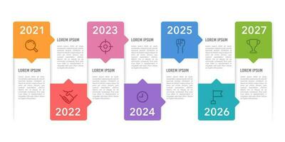 Business data visualization. Timeline infographic design template 7 years. Milestone, Annual report. Vector illustration.