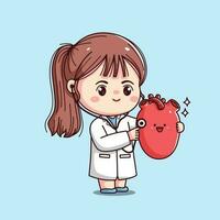 Cute cardiologist female doctor holding heart kawaii chibi flat outlined character vector