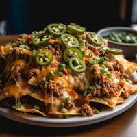 Plate of nachos pilled with melted cheese photo
