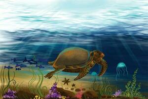 Green sea turtle in deep blue water for world ocean day background vector