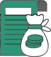 Desplazarse documento papel con dinero bolso icono en verde y blanco color. vector