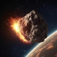 ardiente grande asteroide que cae a el tierra ai generado foto