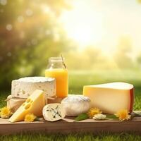 Cheese and dairy on a nature background photo