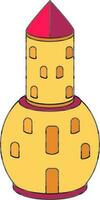 Pink And Yellow Color Castle Tower Icon In Flat Style. vector