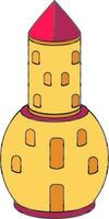 Pink And Yellow Color Castle Tower Icon In Flat Style. vector