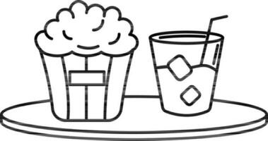 Popcorn With Cold Drink On Plate Icon In Line Art. vector