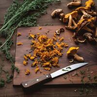 Chanterelles and knife on a table photo