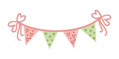 Cute pink flat buntings garlands, flags. Celebration decor. Valentines Day. Cute vintage heart-shaped shabby chic textile bunting flags ideal for Valentine's Day, weddings, birthdays, bridal shower vector