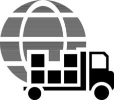 International logistic delivery truck symbol with world grid behind flat icon. vector