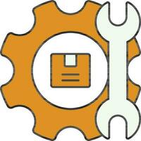 Delivery Box With Wrench and Cogwheel Icon in Yellow and White Color. vector