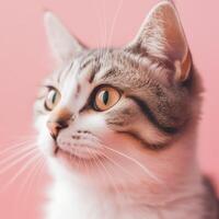 Closeup cute little cat on pink pastel background photo