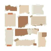 Torn paper illustration isolated on white background. Realistic paper scraps with torn edges. Sticky notes, shreds of notebook pages. Torn note papers with adhesive tape vector