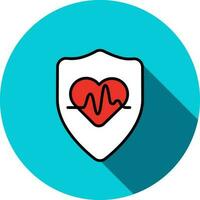 Flat Style Heart Shield Red and White Icon on Blue Round Background. vector