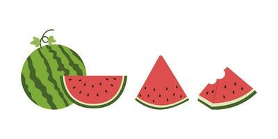 Fresh and juicy whole watermelons and slices illustration. Cartoon fresh green open watermelon. Cartoon fresh green open watermelon half, bites, slices, and triangles. vector