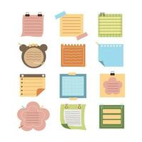 Colored sticky notes paper illustration. Blank paper sheets for note. Cute notes paper stickers for your message. Blank notes with elements of planning for business office writing reminds. vector