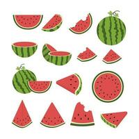 Fresh and juicy whole watermelons and slices illustration. Cartoon fresh green open watermelon. Cartoon fresh green open watermelon half, bites, slices, and triangles. vector