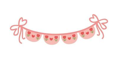 Cute pink flat buntings garlands, flags. Celebration decor. Valentines Day. Cute vintage heart-shaped shabby chic textile bunting flags ideal for Valentine's Day, weddings, birthdays, bridal shower vector