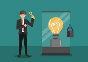 Intellectual property, patent protection, copyright copyright or trademark product that cannot be copied business owner concept standing with light bulb idea locked with key for patentn vector