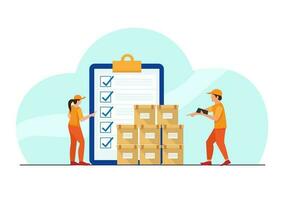 warehouse worker checking inventory Concept of inventory control system. Flat vector illustration.