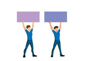 Young men standing together and holding blank signs Colorful flat vector cartoon illustration.