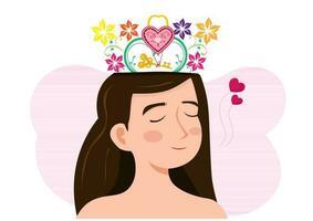 Woman with love symbol key and padlock on her head Means the desire to get a partner. and have positive thoughts. vector illustration