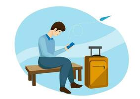 Young man with laptop and baggage. Travel and tourism concept for website template, online booking reservation vector