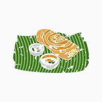 Editable Brush Strokes Style Top Side View Indian Masala Dosa With Chutney and Sambar on Banana Leaf Vector Illustration for Artwork of Cuisine Related Design With South Asian Culture and Tradition