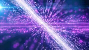 Abstract purple energy hi-tech lines and digital particles fly in a tunnel with bokeh effect glowing background video
