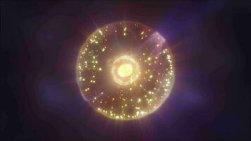 astratto energia sfera con volante raggiante giallo luminosa particelle, scienza futuristico atomo con elettroni hi-tech sfondo video