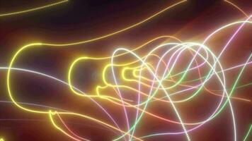 astratto multicolore arcobaleno raggiante neon energia laser Linee volante su un' nero sfondo, video 4k, 60 fps