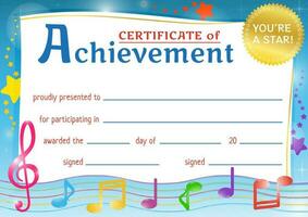 Certificate of achievement for kids. Award for wining in a music competition. Certificate of recognition for participating or excellence in a competition. vector