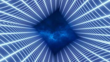 abstrait bleu énergie la grille tourbillonnant tunnel de lignes dans le Haut et bas de le écran magique brillant embrasé futuriste salut-technologie Contexte video
