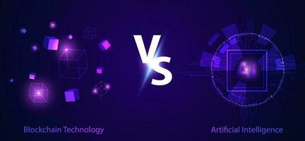 concepto blockchain tecnología vs ai comparación Entre el dos tecnologías en trabajando juntos identidad verificación mantener seguridad cheque fuera ai, blockchain y iot perspectivas en un púrpura, futurista vector