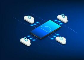 Cloud technology background with smartphone It is a data collection via mobile phone using the internet and can also share data. It is a system that must be a personal system to access the data. vector