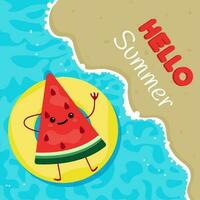 Summer card with watermelon on an inflatable circle in cartoon style vector