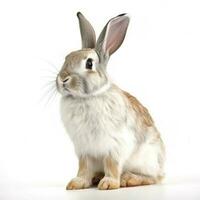 The funny rabbit is standing on its hind legs isolated on white background, generate ai photo