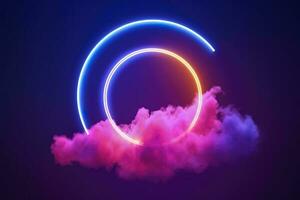 3d render, abstract cloud illuminated with neon light ring on dark night sky. Glowing geometric shape, round frame, generate ai photo