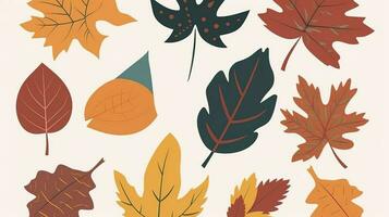 Autumn leaves set. Autumnal yellow leaf, forest nature orange leafage and september red leaves. Chestnut, dog rose and viburnum or foliage leaf. Flat isolated icons, generate ai photo