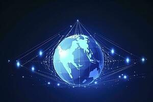Global network on Earth concept. 3D rendering, World map point. Big data analytics and business concept, world map point and line composition concept of global business, generate ai photo
