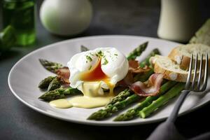 Benedict poached Duck egg with crispy bacon and fried asparagus on toasts for breakfast, generate ai photo